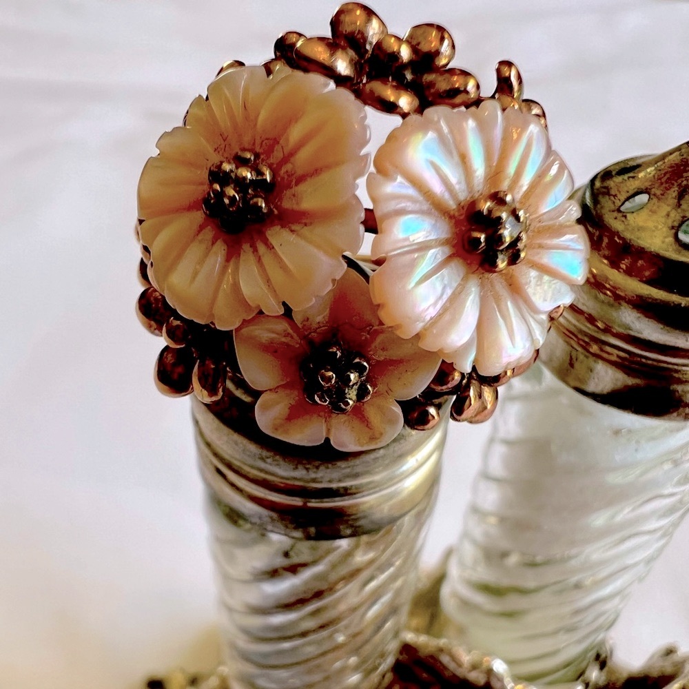 Mother of Pearl flower & Diamond ring w/ Sterling Silver gold dipped filigree